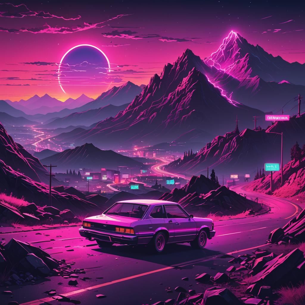 Synthwave Car Wreck on Mountain Edge