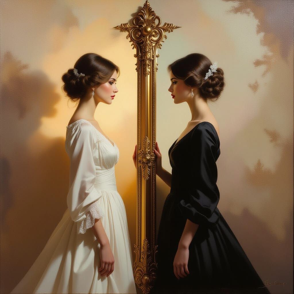 Romantic Oil Painting of Two Women with Mirror