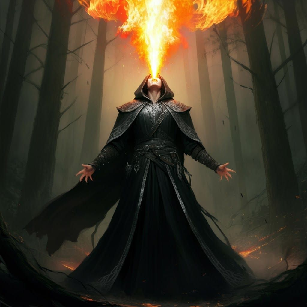 a mage exhaling a torrent of fire like dragon's breath
