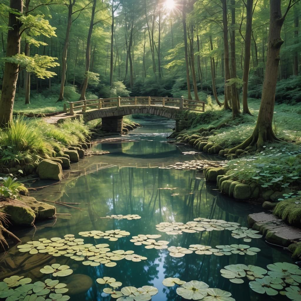 Forest River Landscape with Crumbling Brick Bridge