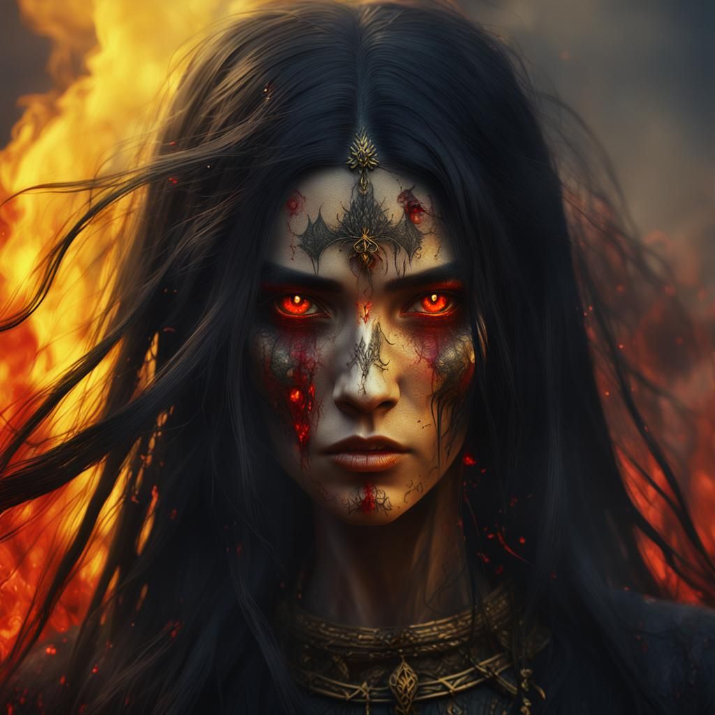 Burning Village: Haunting Female Figure in Digital Art
