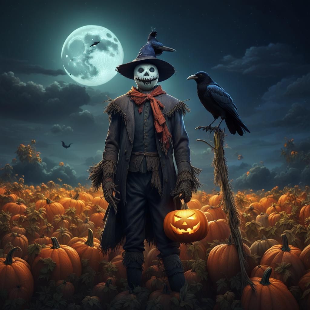 Scarecrow with Pumpkin and Crow in Moonlight