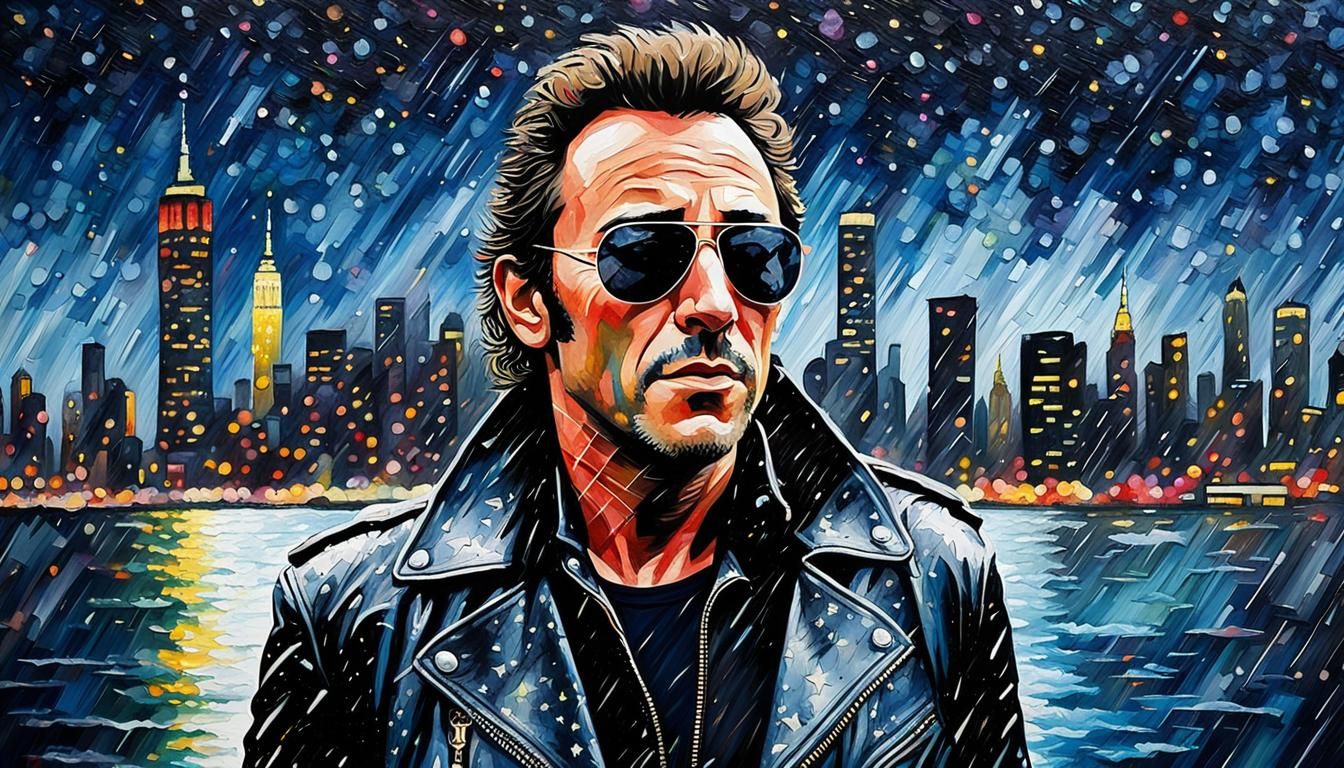 Bruce Springsteen Pop Art Watercolor Portrait in NYC Rain