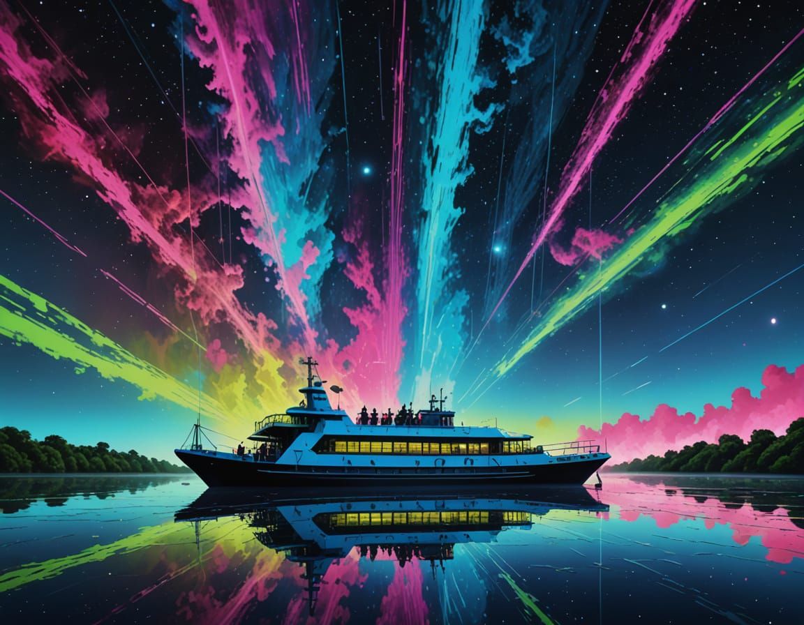 Futuristic Spaceship Paddleboat Explores Cosmic Veil Nebula