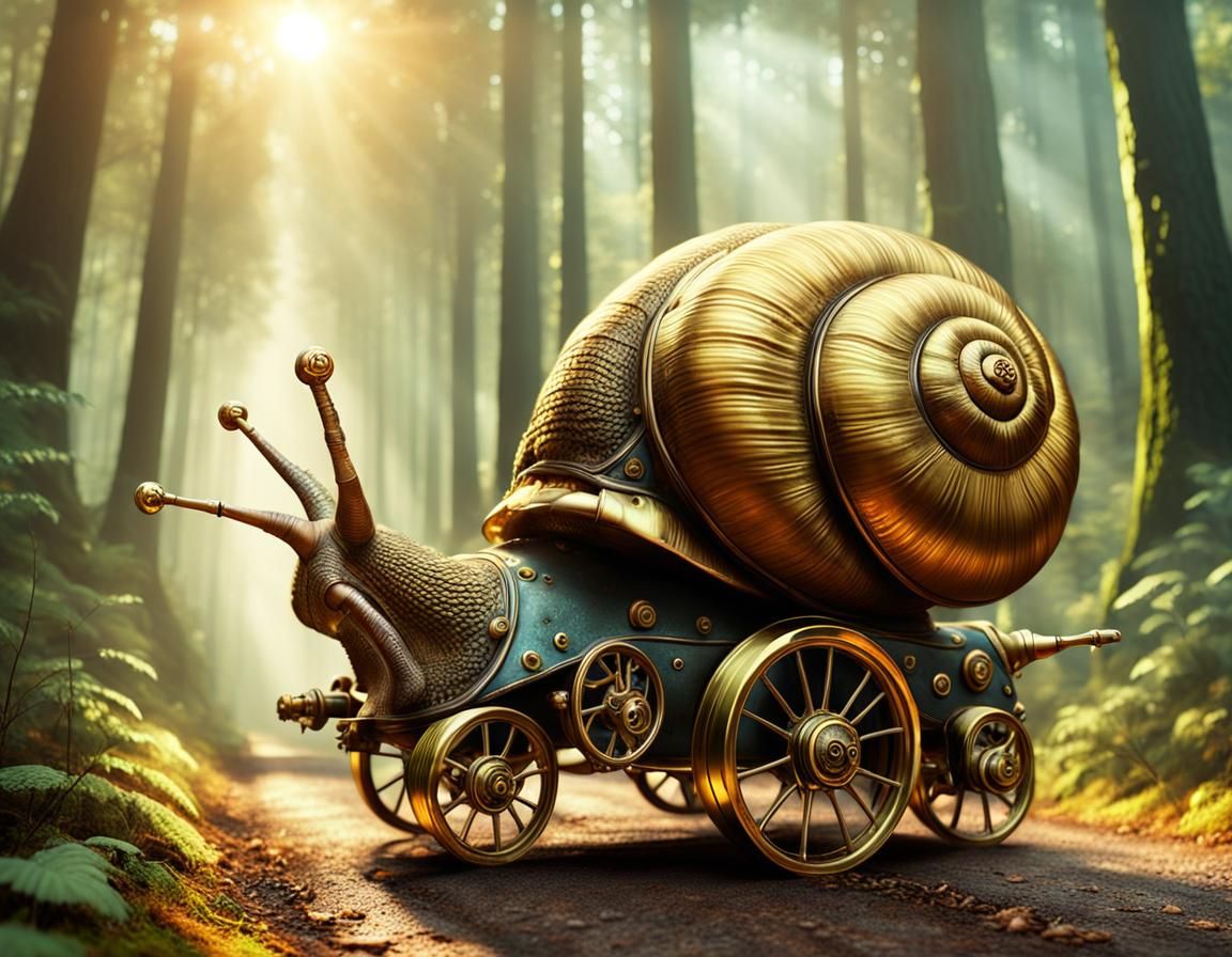 Steampunk Snails Race Through Forest in Golden Light