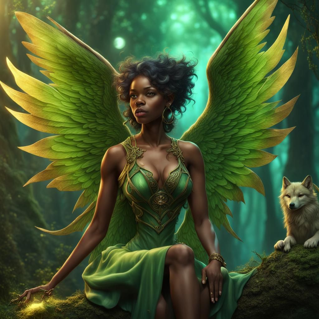 African American Fairy with Wolf in Fantasy Art