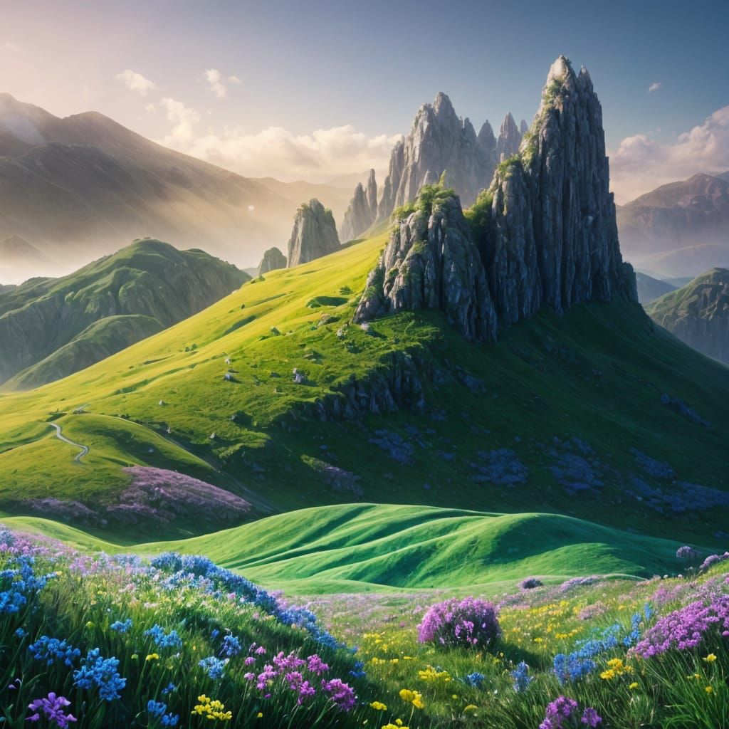 Lush Alien Flower Field at Golden Hour