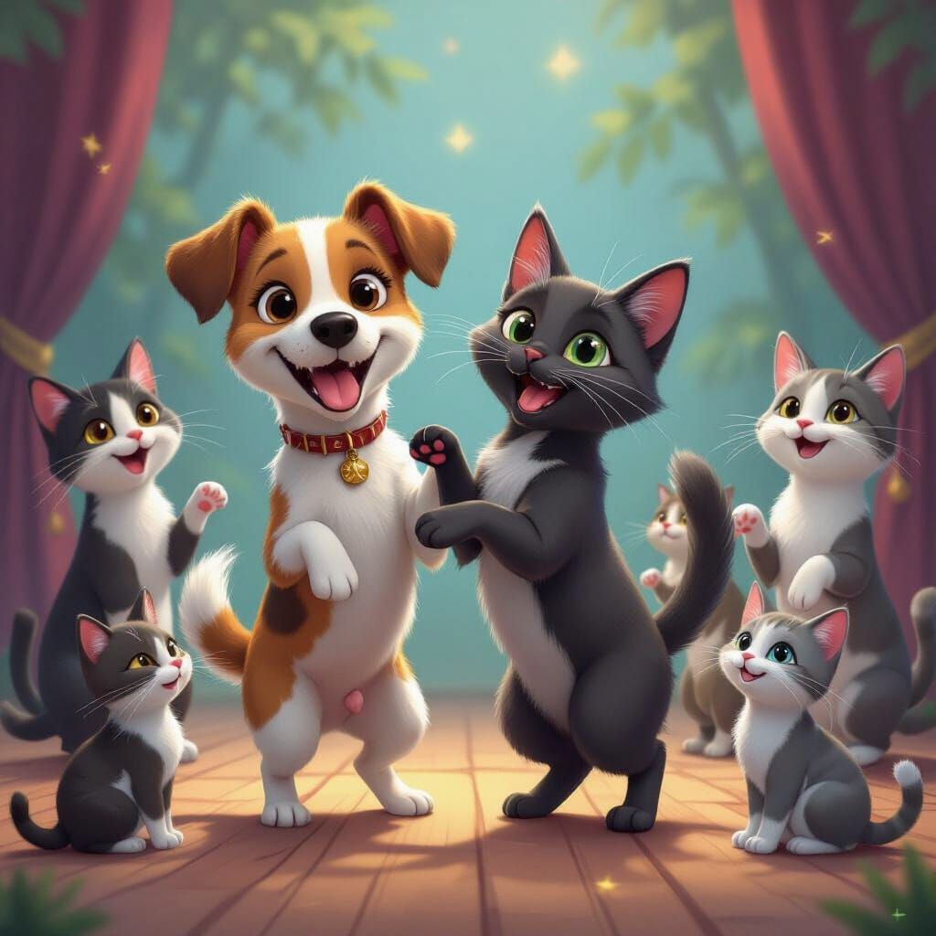 Cartoon Cats and Dog Dancing in Fantasy Style