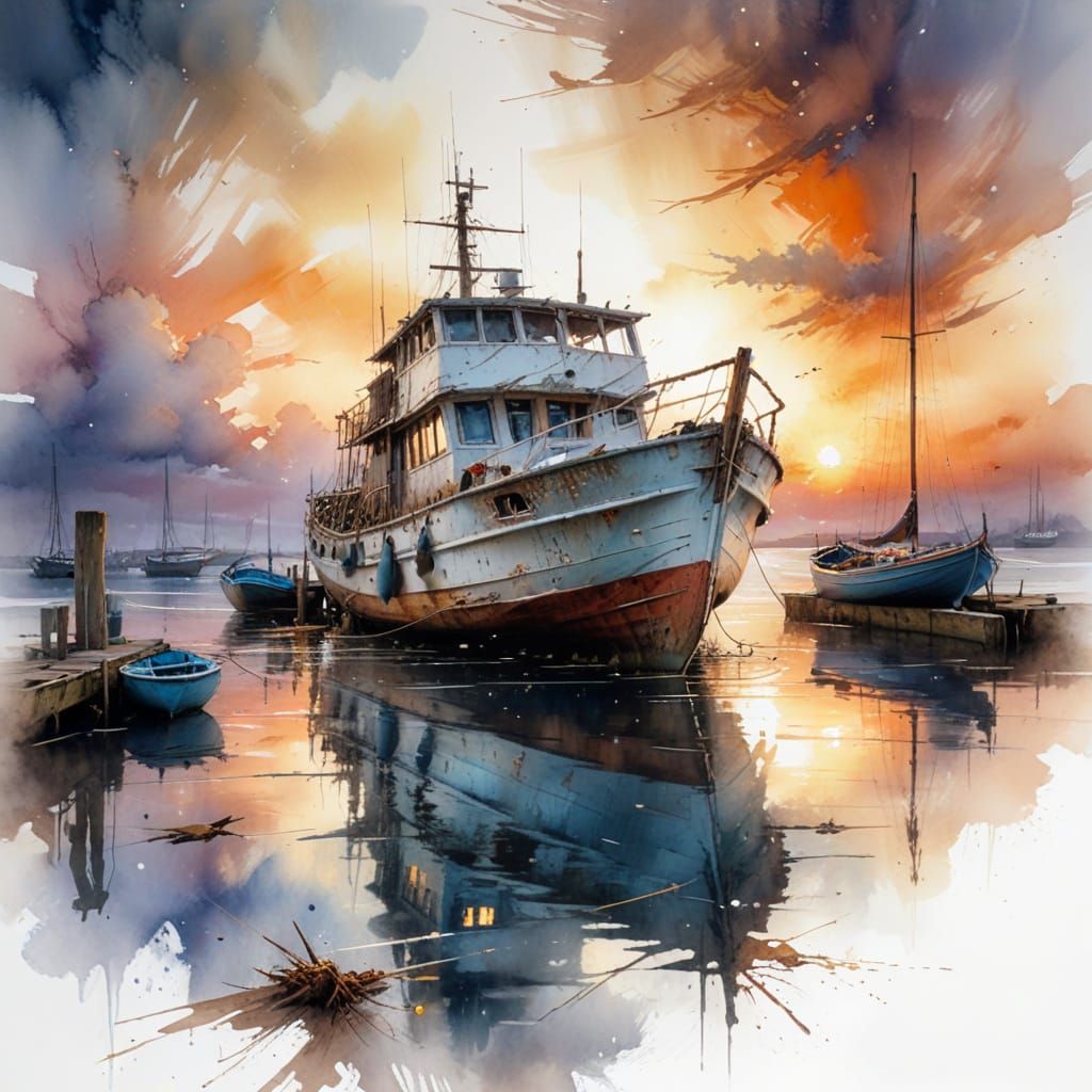 Old Boat at Sunset in Watercolour Style