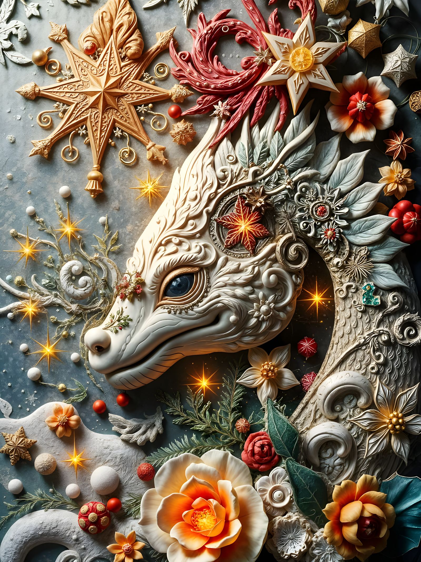 Surreal Winter Scene in Ukrainian Folk Art Style