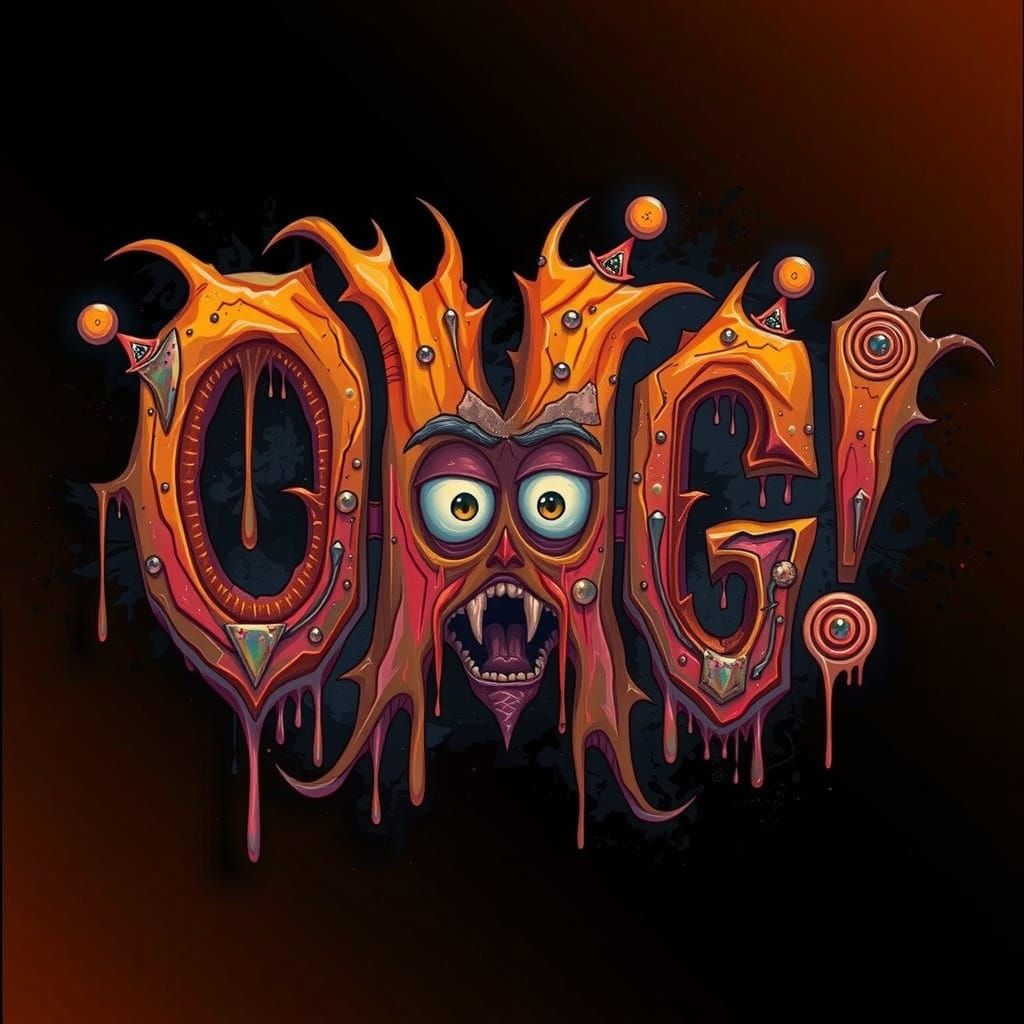 Giant Text that says OMG in a 3d, raised, bold, horror font, each letter filled with a perfect horizontal gradient in sh...