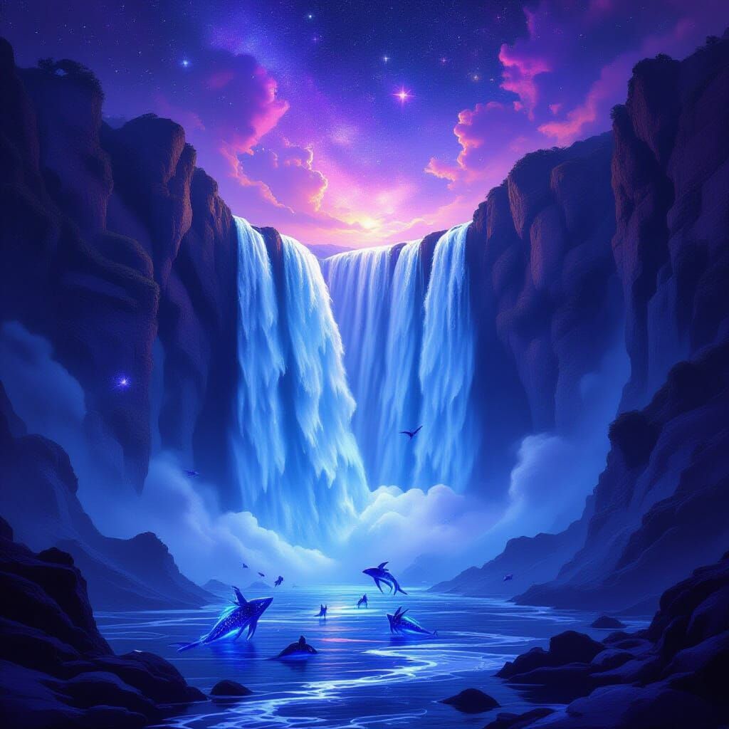 Cosmic Waterfall with Mythical Creatures in Stardust Void