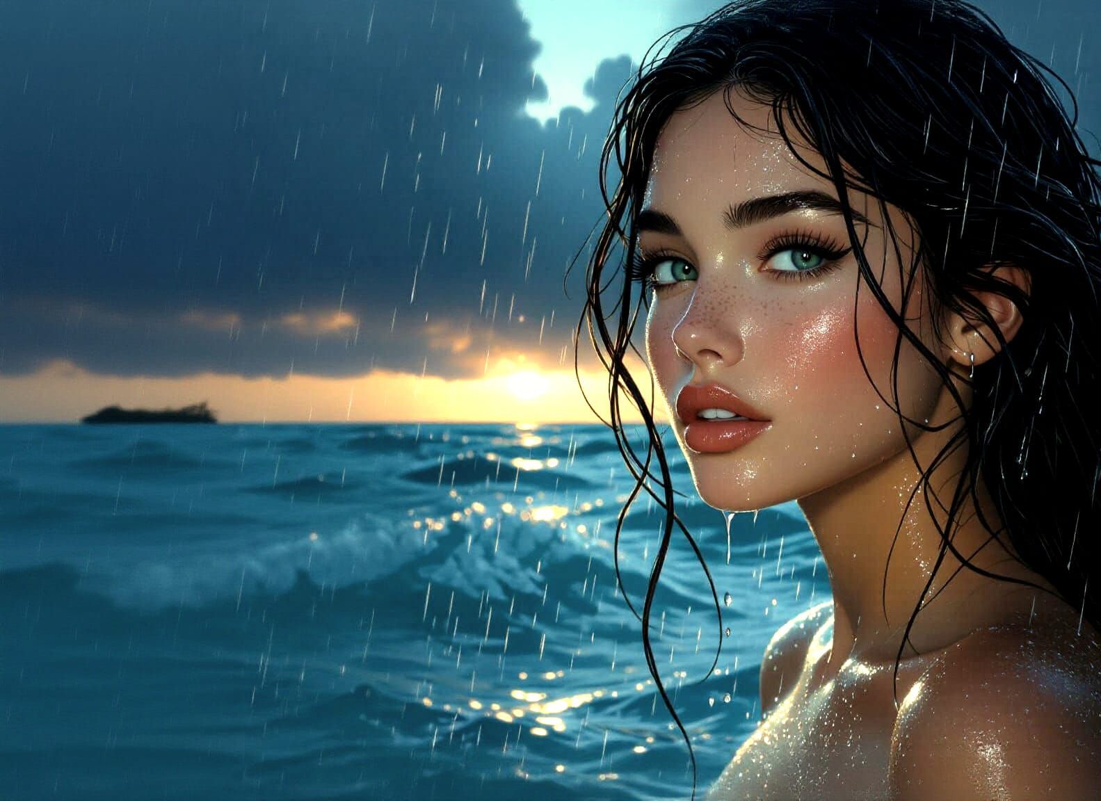 Mystical Siren with Glistening Hair in Cinematic Style