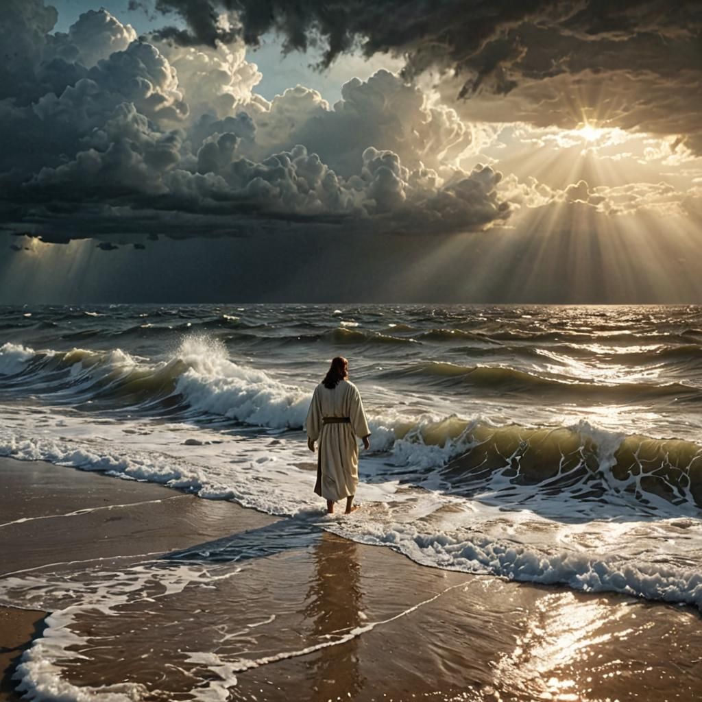 Jesus Walking on Water in Dramatic Landscape Art