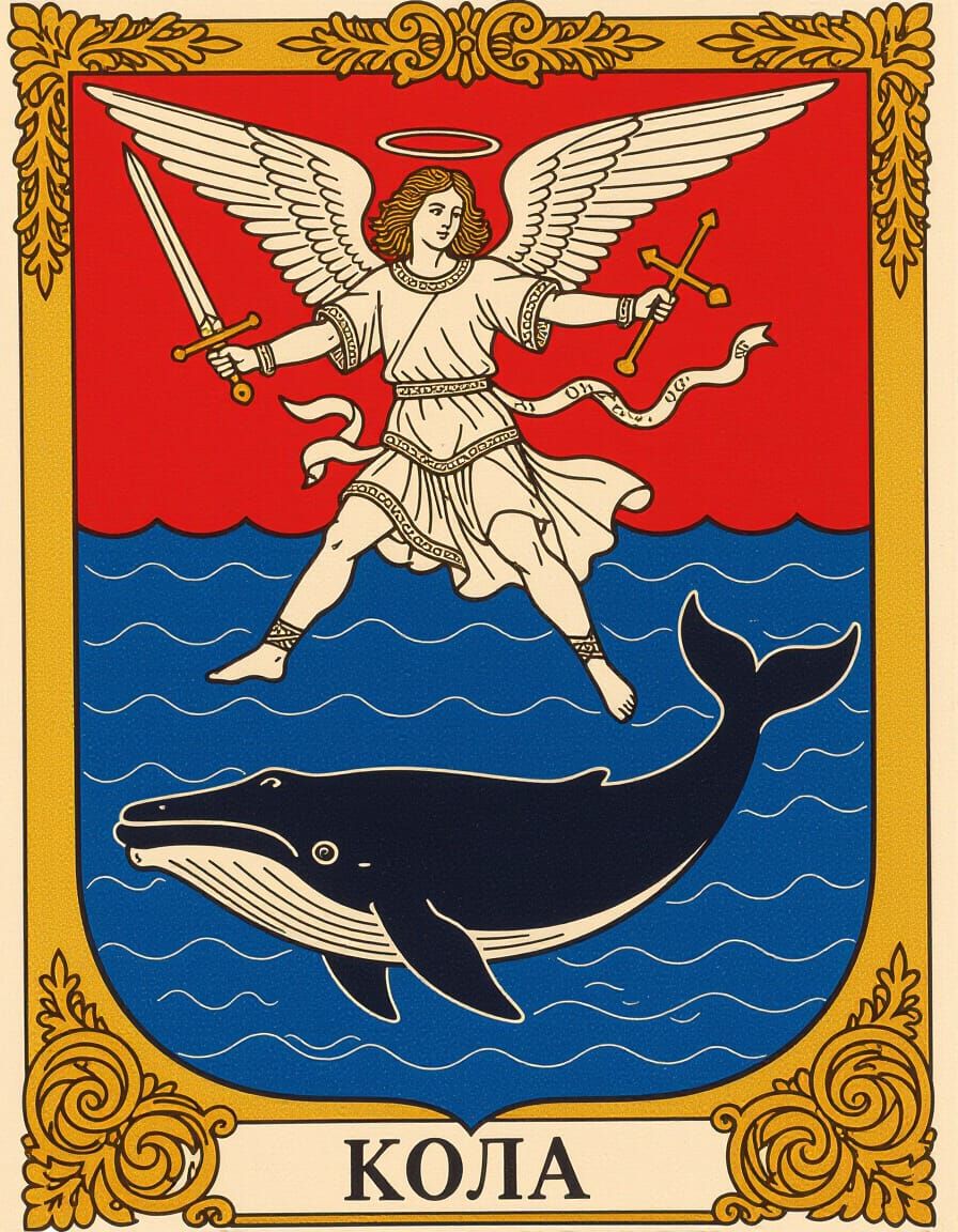 Kola Coat of Arms: Archangel and Whale in Collage Style