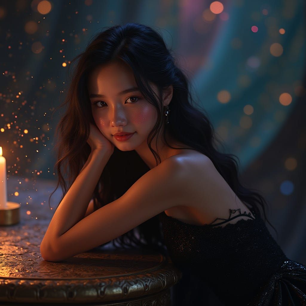 Hyperrealistic Portrait of a Young Woman in a Sparkling Even...