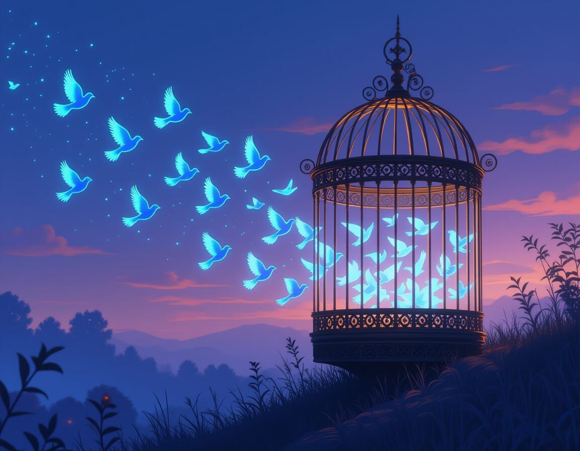 Glowing Birds Escape Steampunk Cage in Dreamlike Landscape