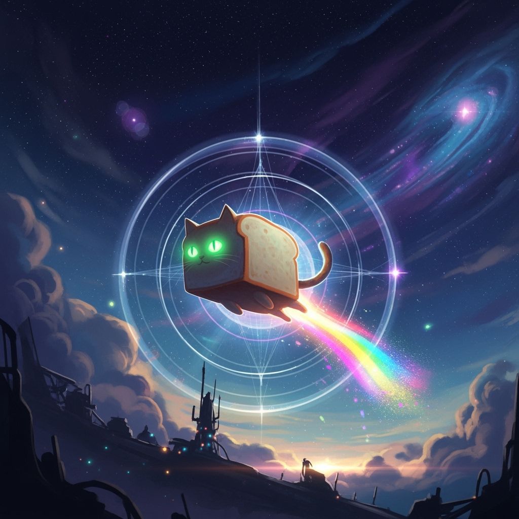 Bread Cat Flies Through Night Sky with Rainbow Tail