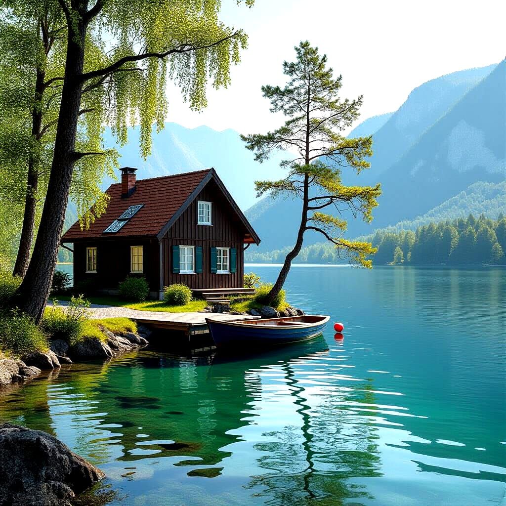 Cozy Lakeside Cabin with Overhanging Trees and Boat