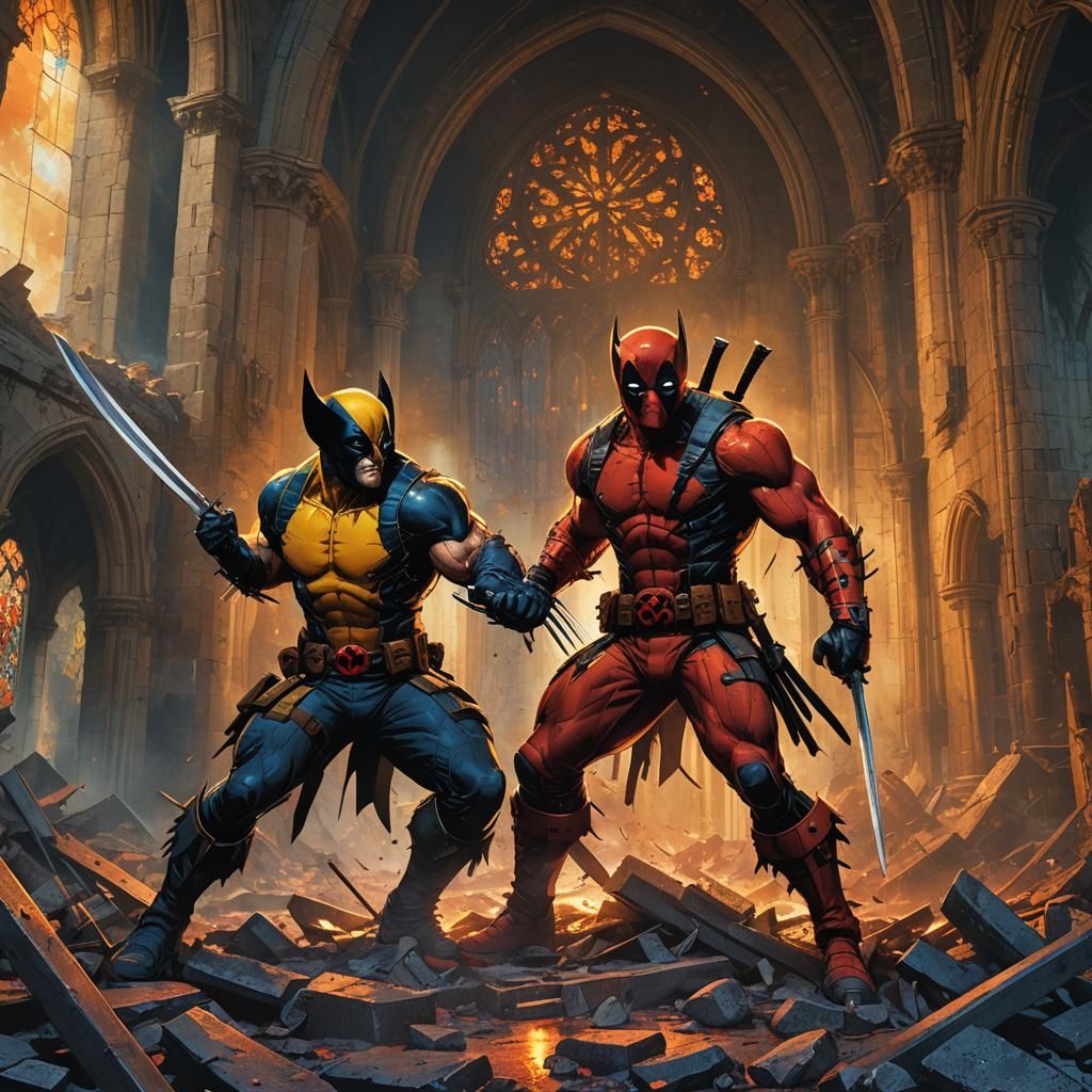 Wolverine and Deadpool Clash in Gothic Ruins