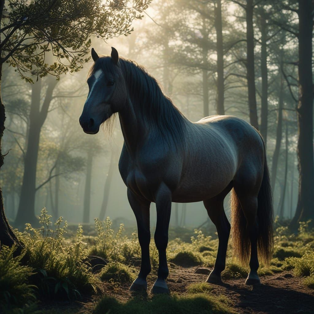 Realistic Horse in a Breathtaking Bioluminescent Landscape