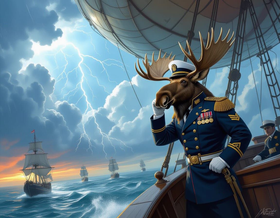 Moose Admiral Commands Airship in Stormy Sky