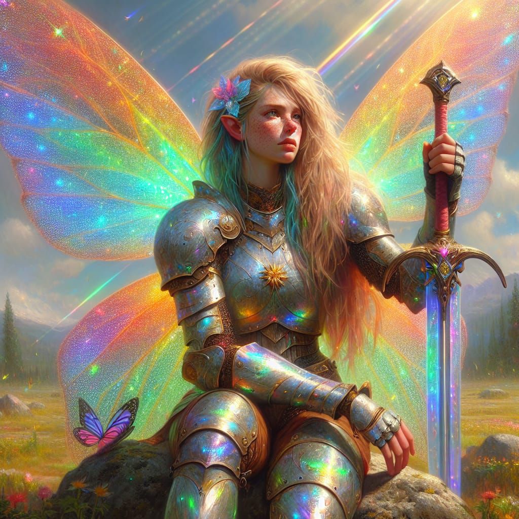 Fairy Paladin Surveys Meadow in Old Master Style