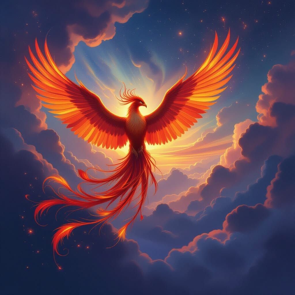Phoenix Soaring Through Celestial Sky in Painterly Style