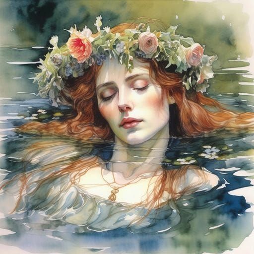 Ophelia in Stream of Flowers: Pre-Raphaelite Style