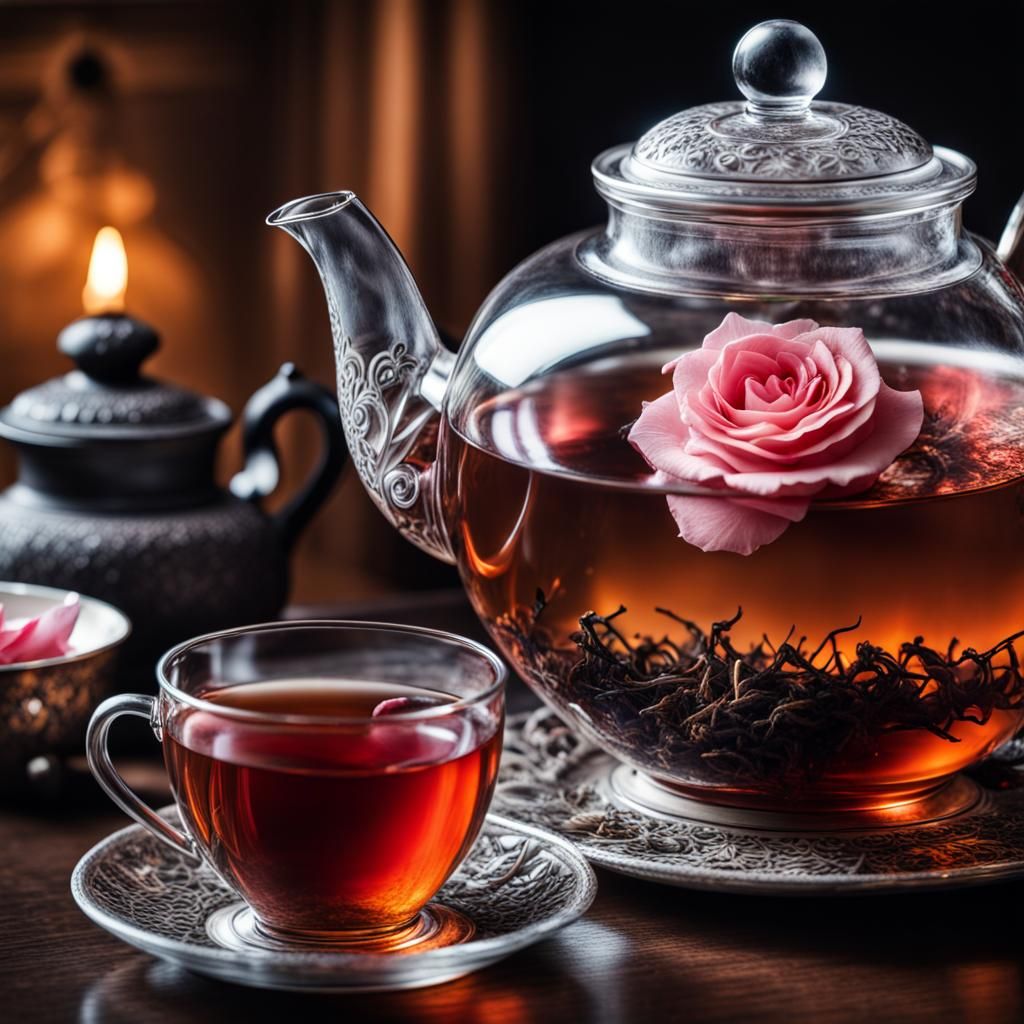 Blossom Tea in Glass Teapot: Hyperrealistic Close-up