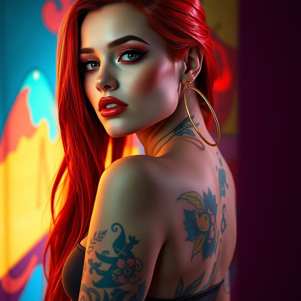 Hyperrealistic Portrait of a Woman with Red Hair and Colorfu...