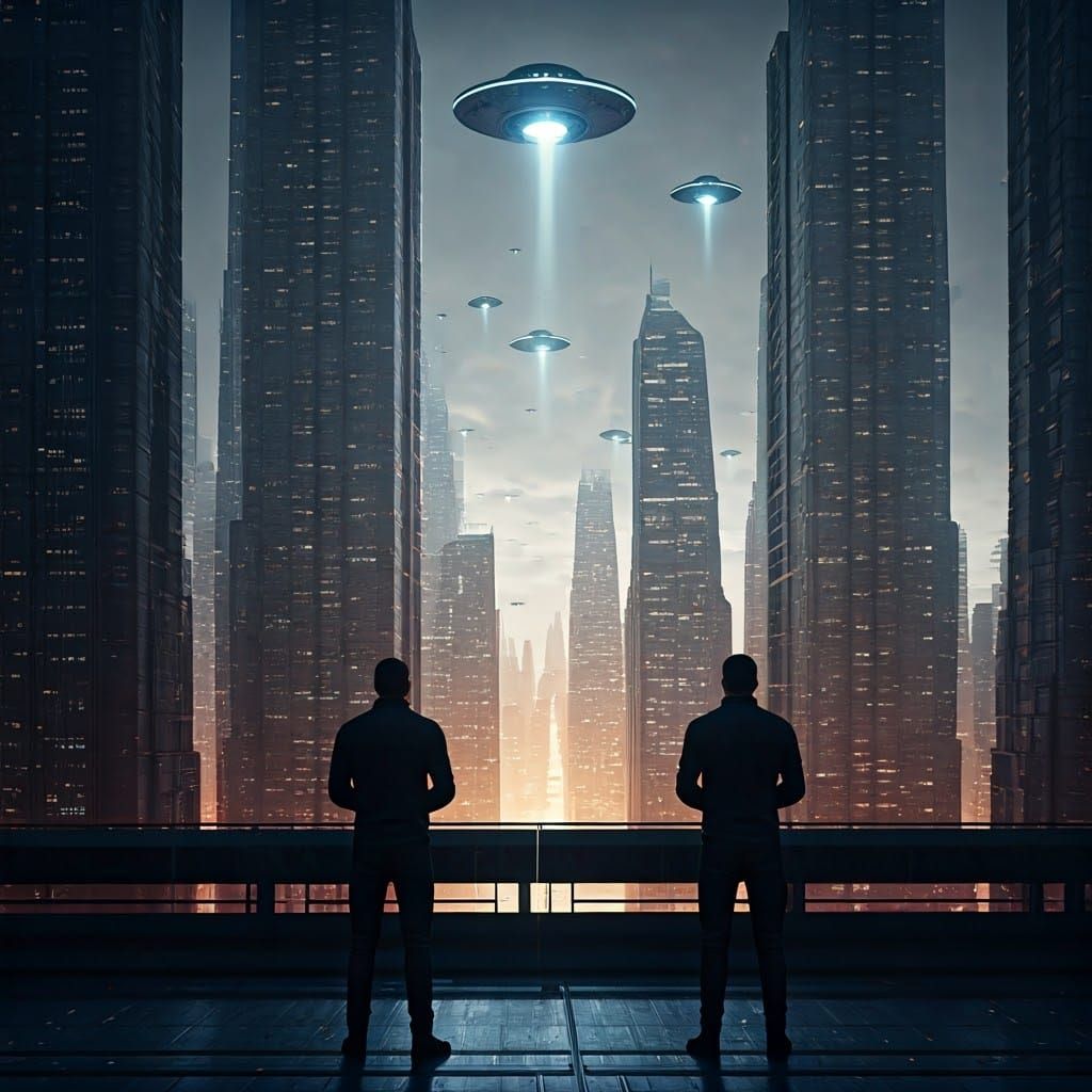 Sleek Futuristic Metropolis Under UFO Invasion at Dusk