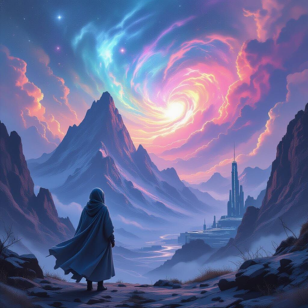 Woman Gazes at Cosmic Nebula Over Ancient Mountains