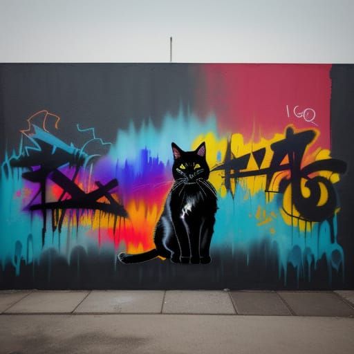 Surreal Urban Landscape with Black Cat in Fauvist Style