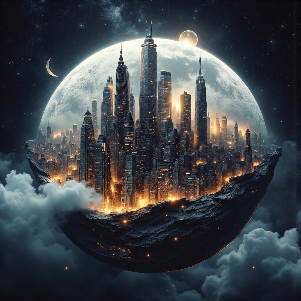 Ethereal Cityscape on Crescent Moon in Space