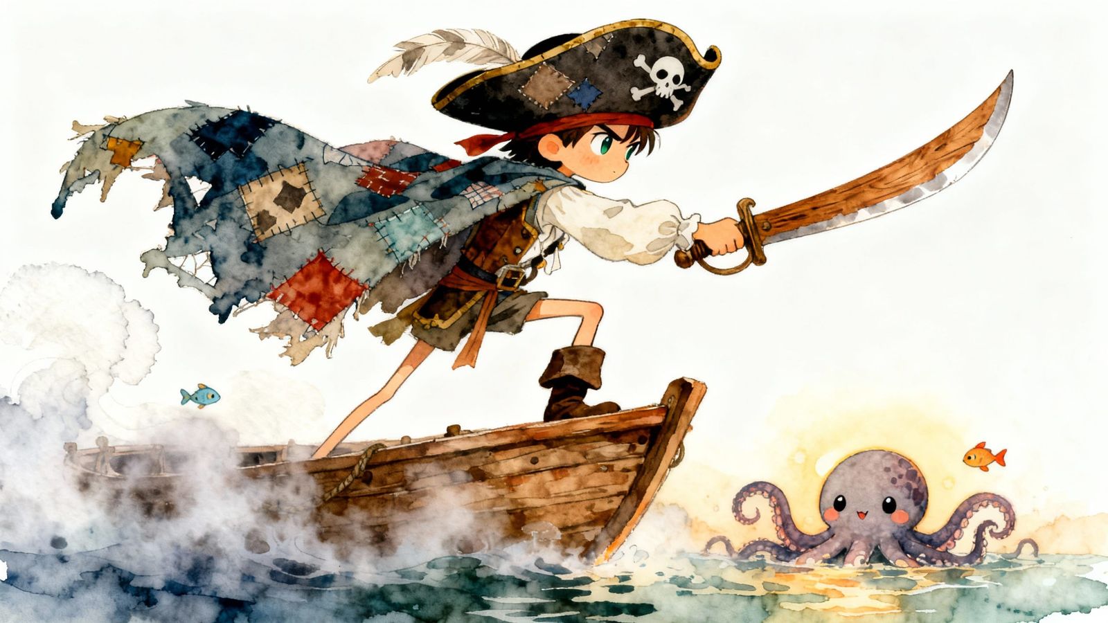 Cartoon Pirate Battles Kraken in Watercolour Style