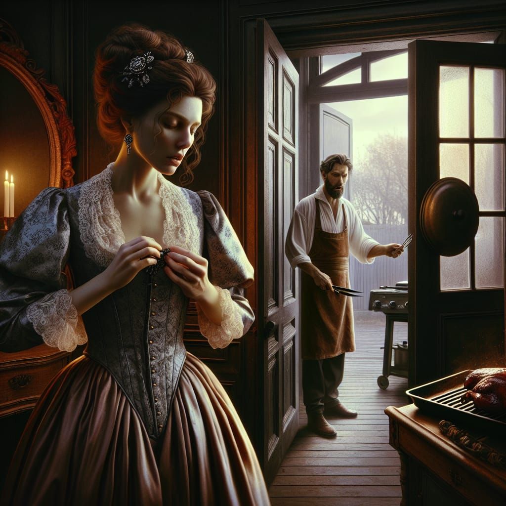 Elegant Woman Struggles with Brooch, Husband Barbecues in th...