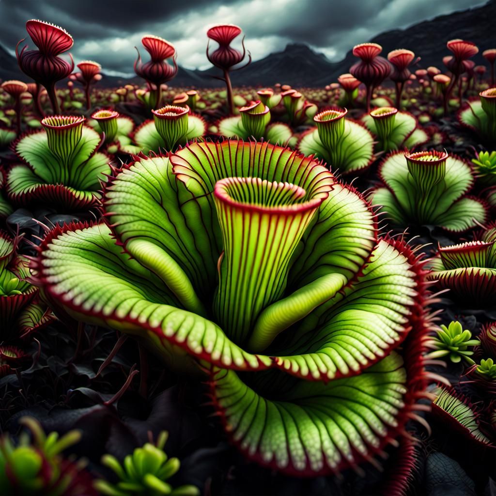 Giant Venus Flytraps in Bloom: Hyperrealistic Field