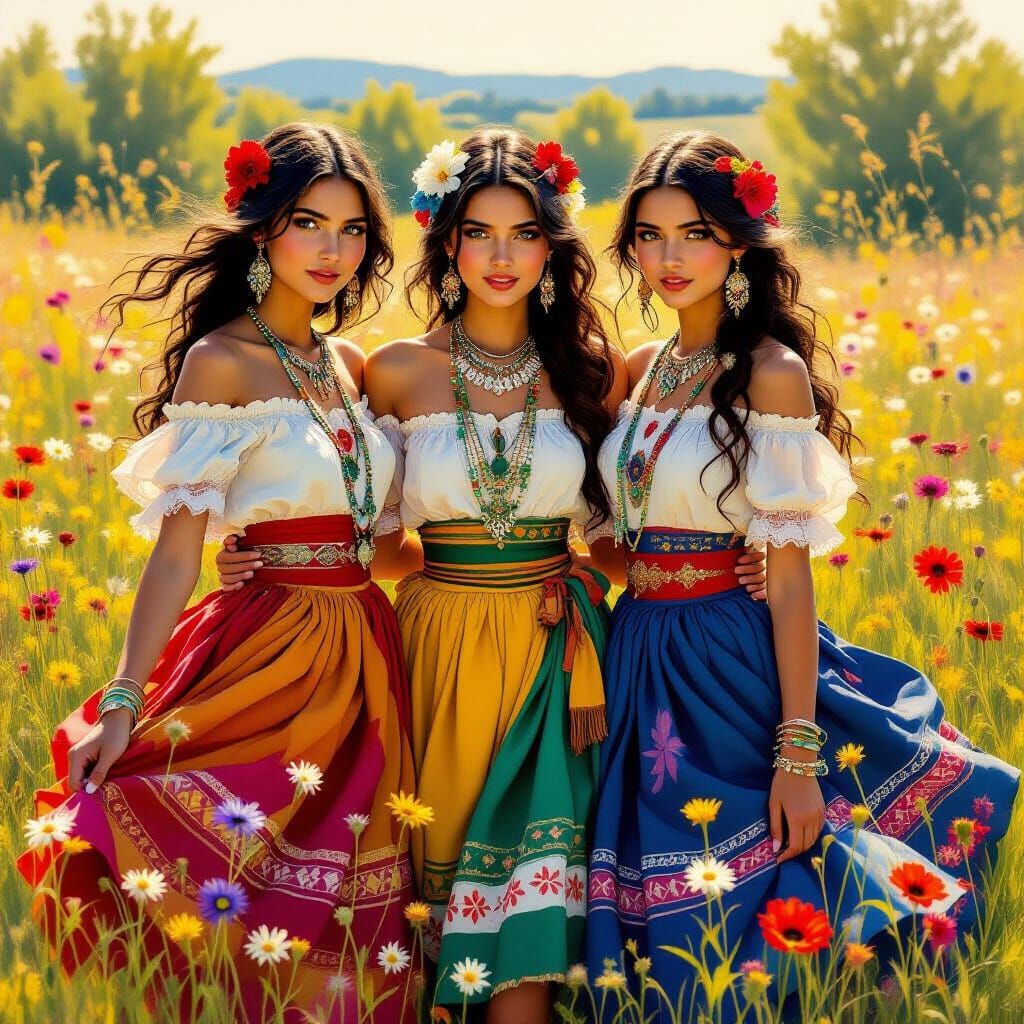 Joyful Romanian Gypsy Girls in Sunlit Meadow