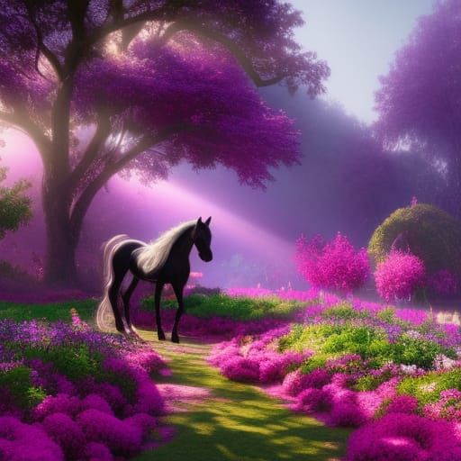 Horse in a Pink and Violet Fantasy Garden