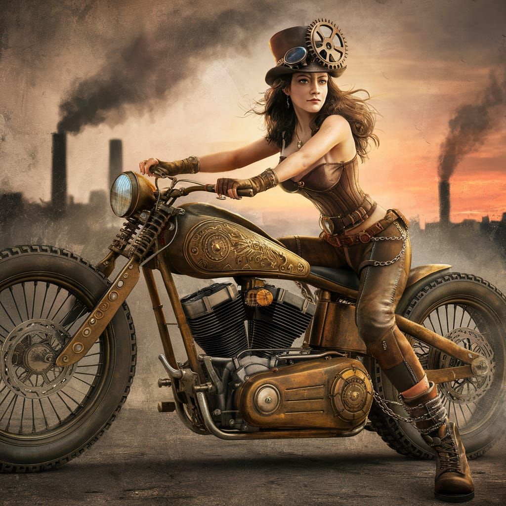 Steampunk Woman Rides a Vintage Motorcycle