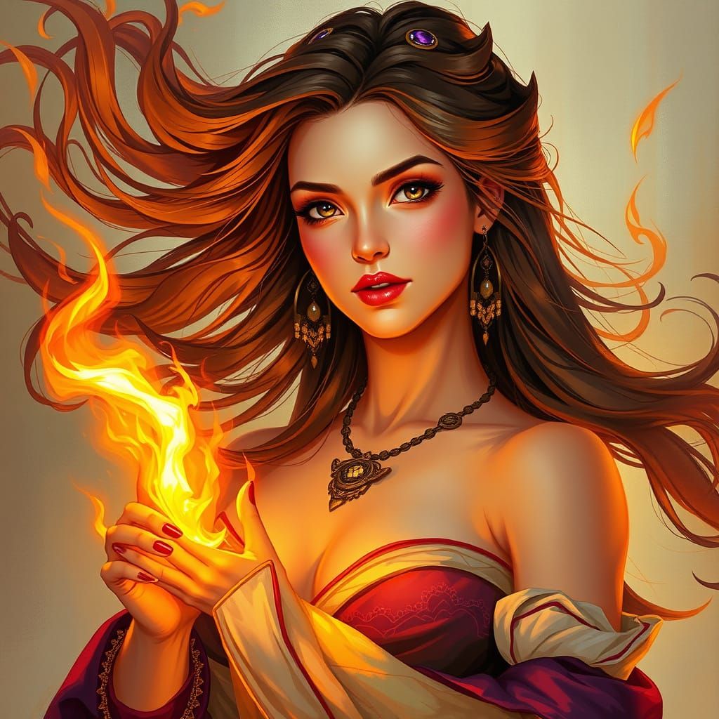 Elegant Woman Summons Flames with Flowing Hair
