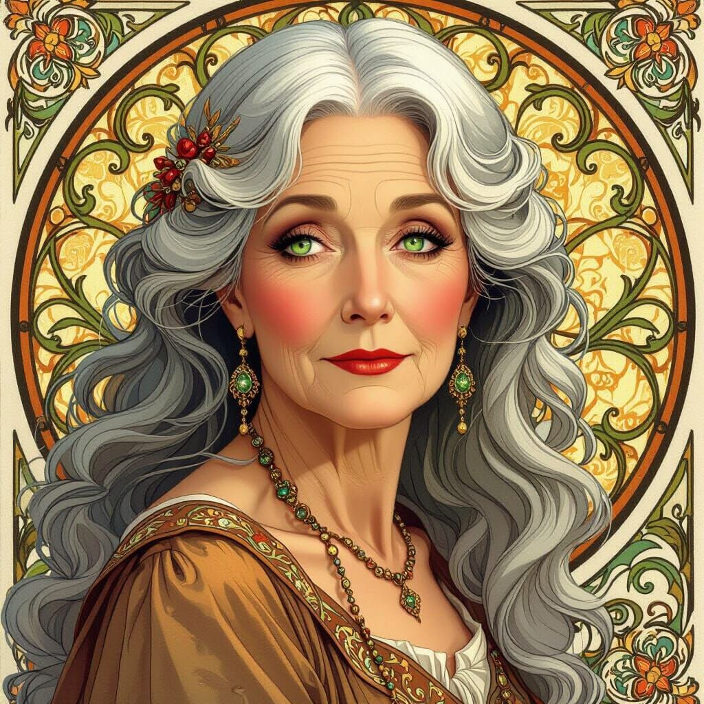 Elegant Woman with Green Eyes in Art Nouveau Style