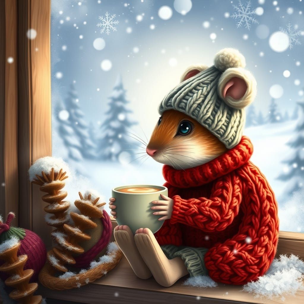 A heartwarming and enchanting illustration of a lovable baby mouse wearing a cozy wool knit hat with pompoms and a snug ...