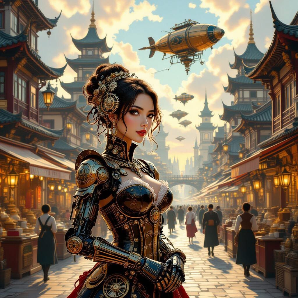 Steampunk Woman in Fusion City Oil Painting