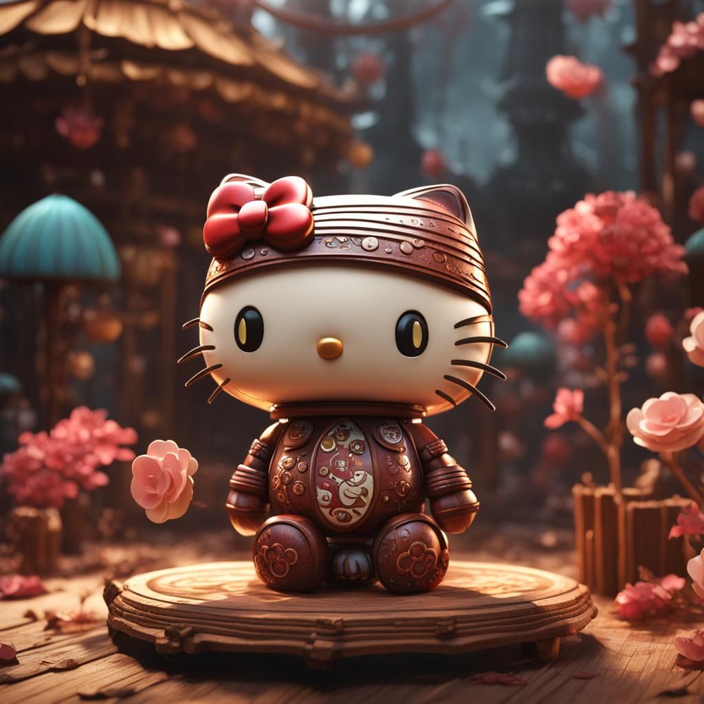 Detailed Wooden Hello Kitty Figurine Concept Art
