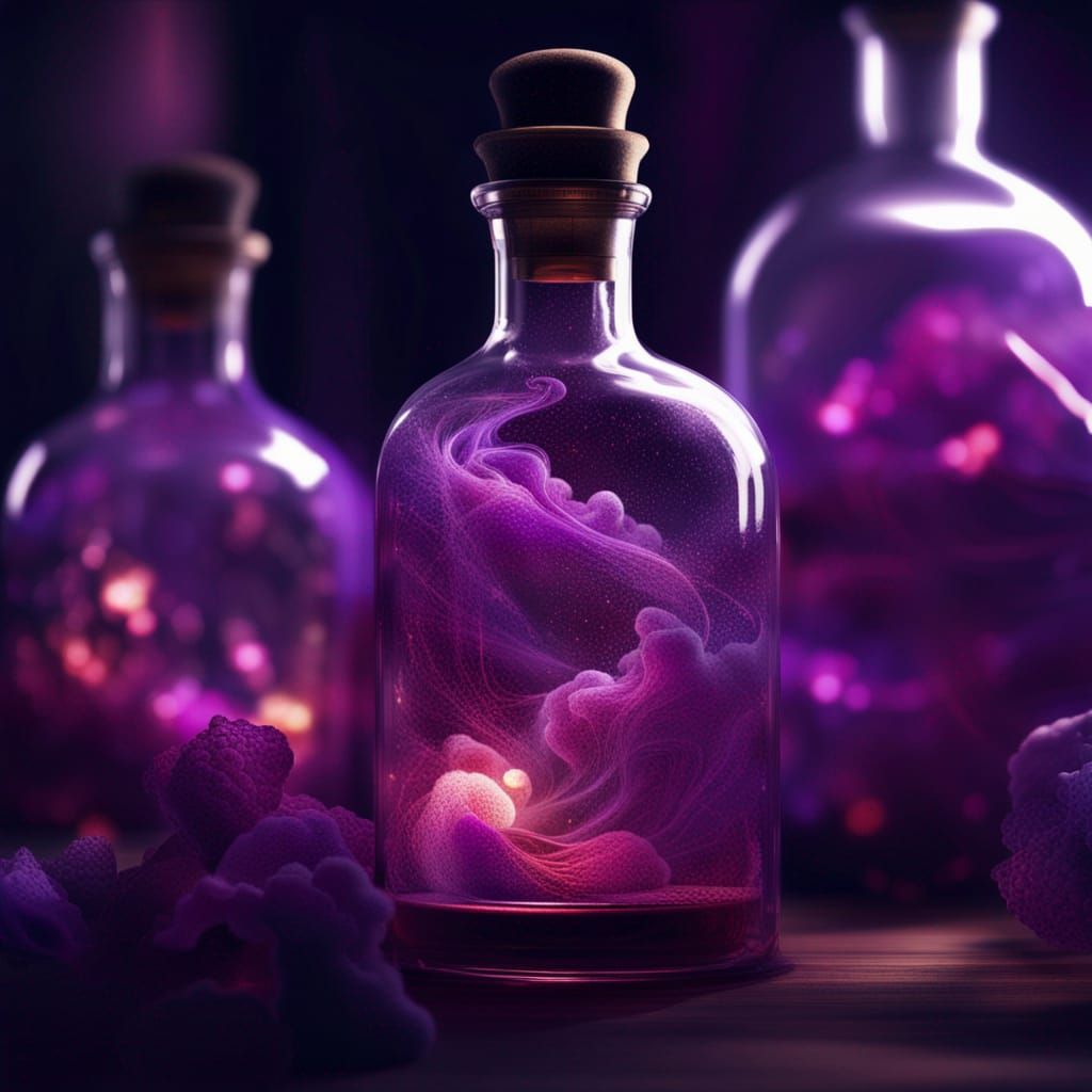 Glowing Purple Magic Potion, Photorealistic CGI Masterpiece