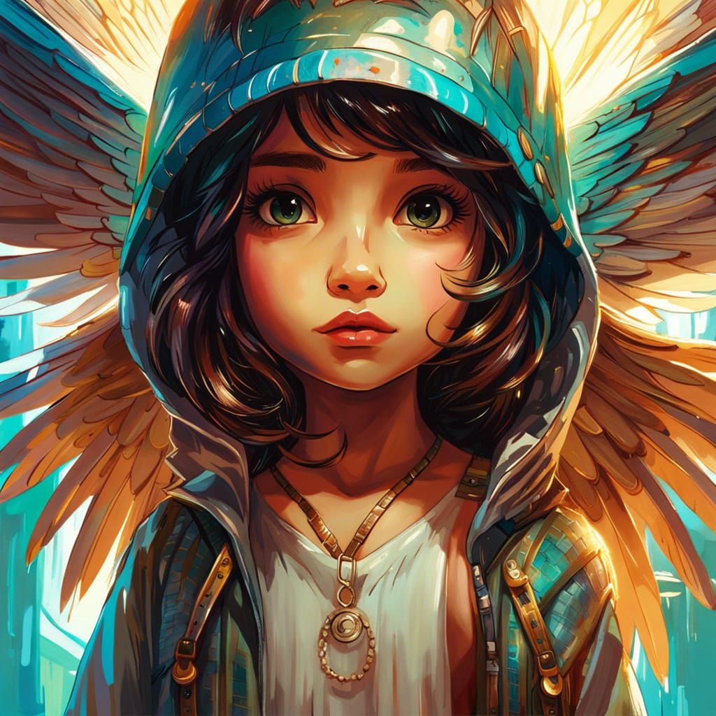 Cute Angel Girl with Wings, Detailed Digital Art