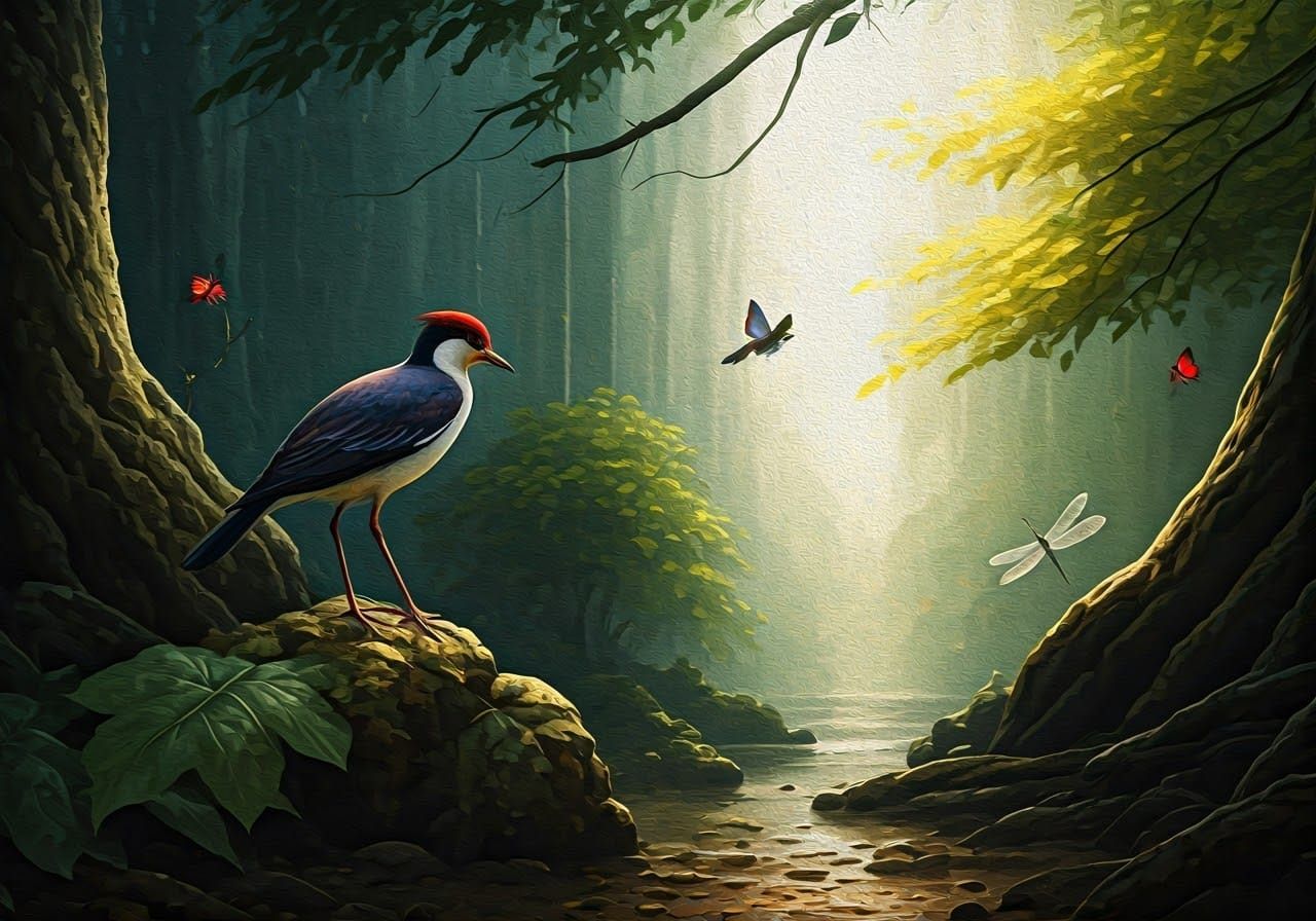 Lush Forest Scene in Gouache Impressionist Style