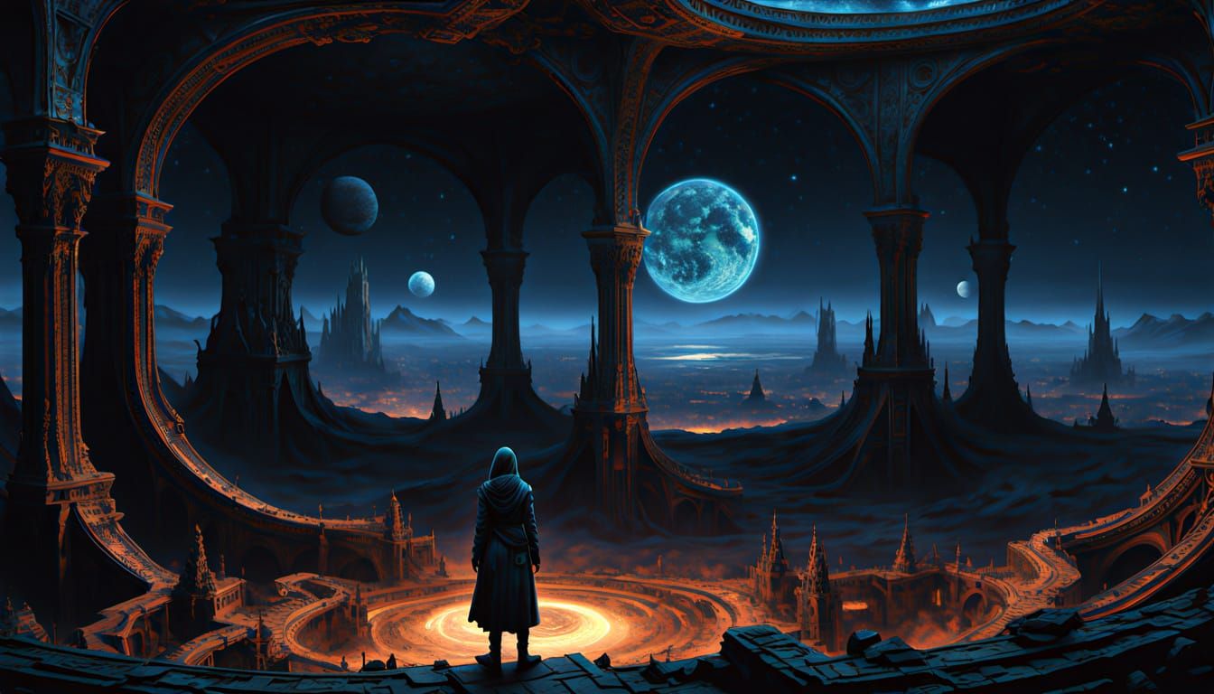 Tiefling Gazes at Cosmic Sky Over Ruined Earth